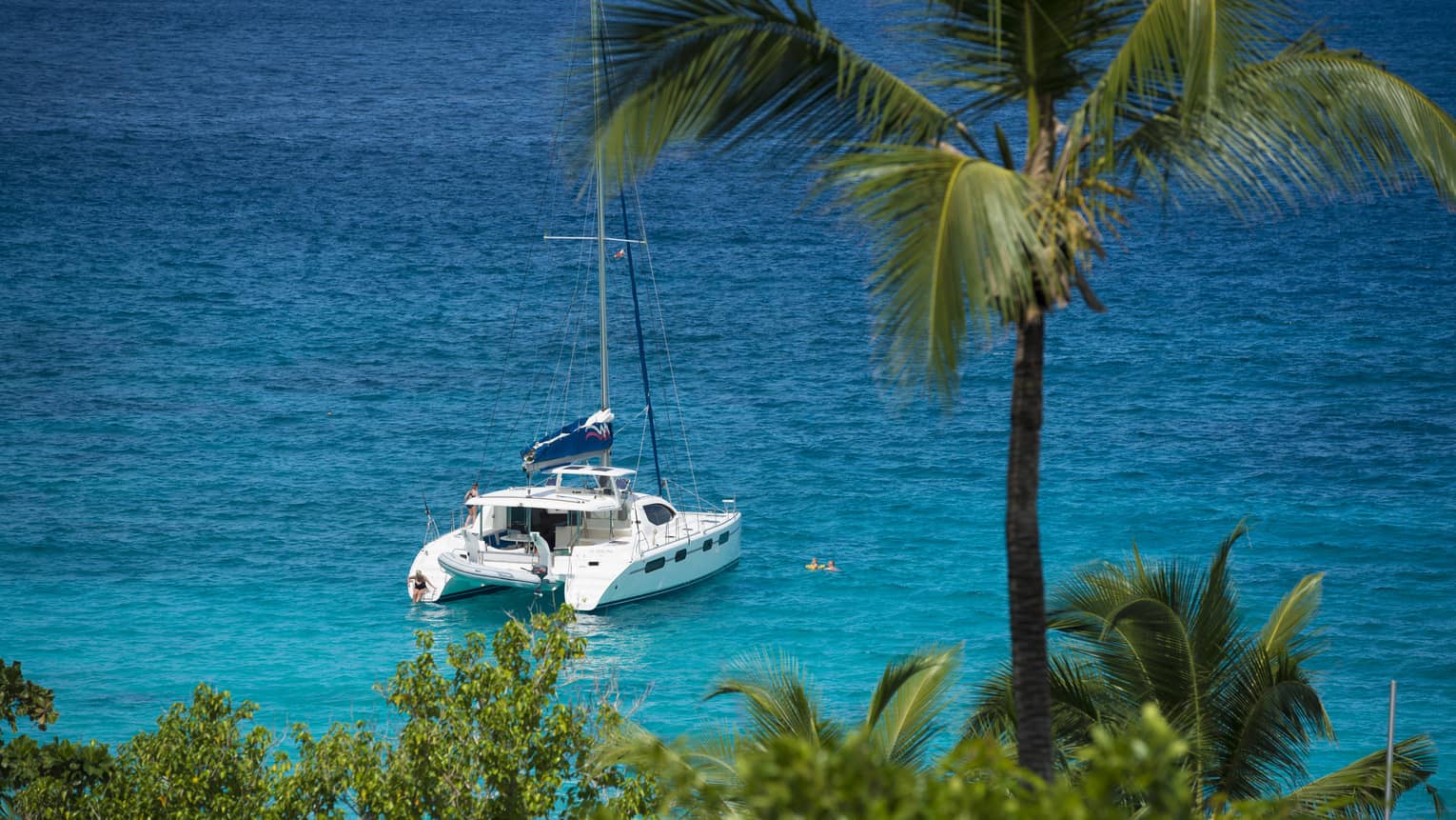 View over tropical gardens, palm tree to private white yacht in blue lagoon