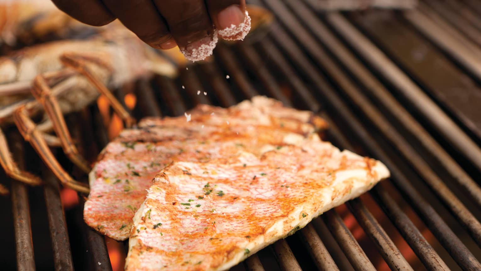 Close-up of fingers sprinkling salt onto fish filets on grill