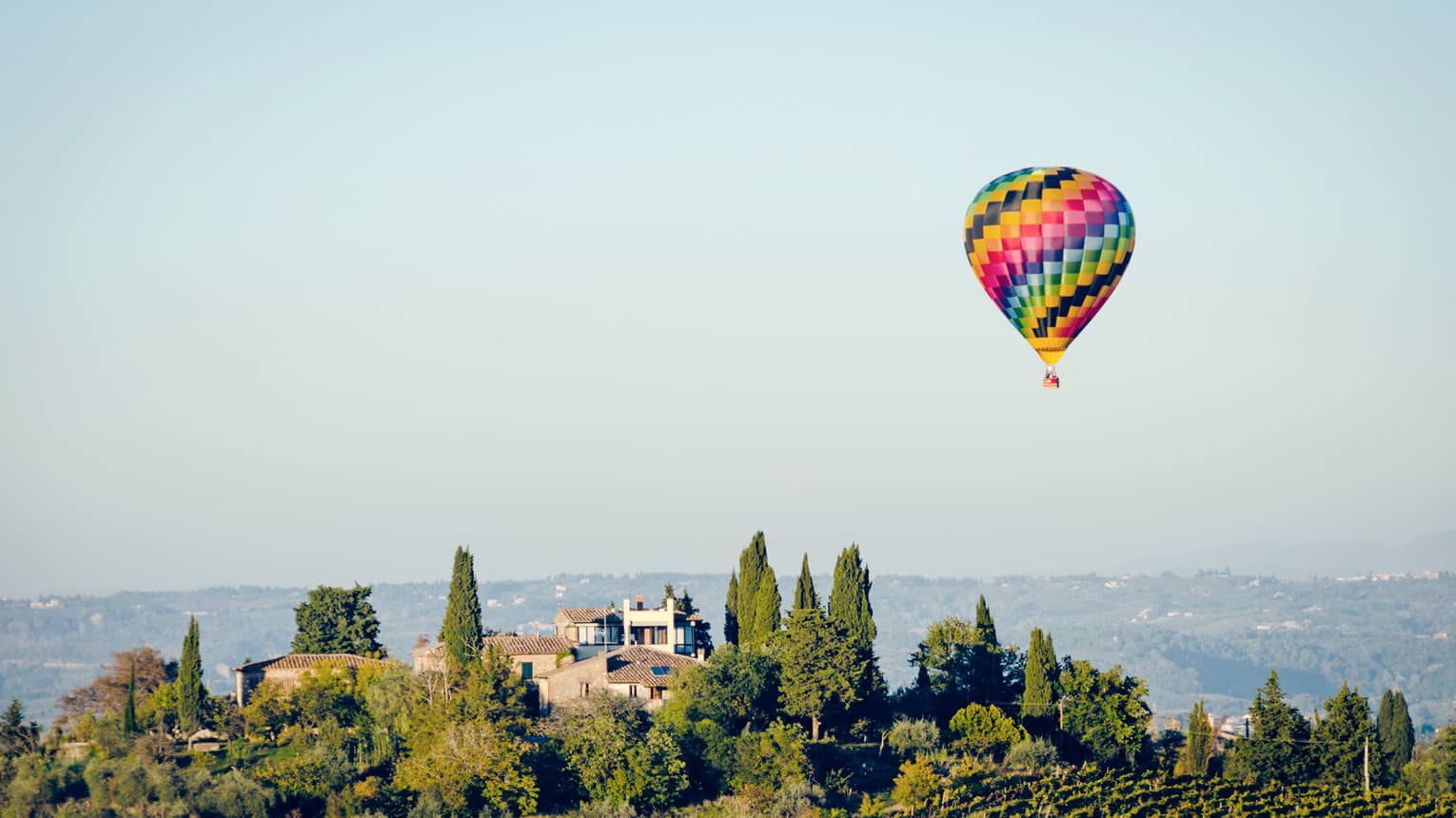 A colorful hot air balloon hovering over a vineyard in Florence