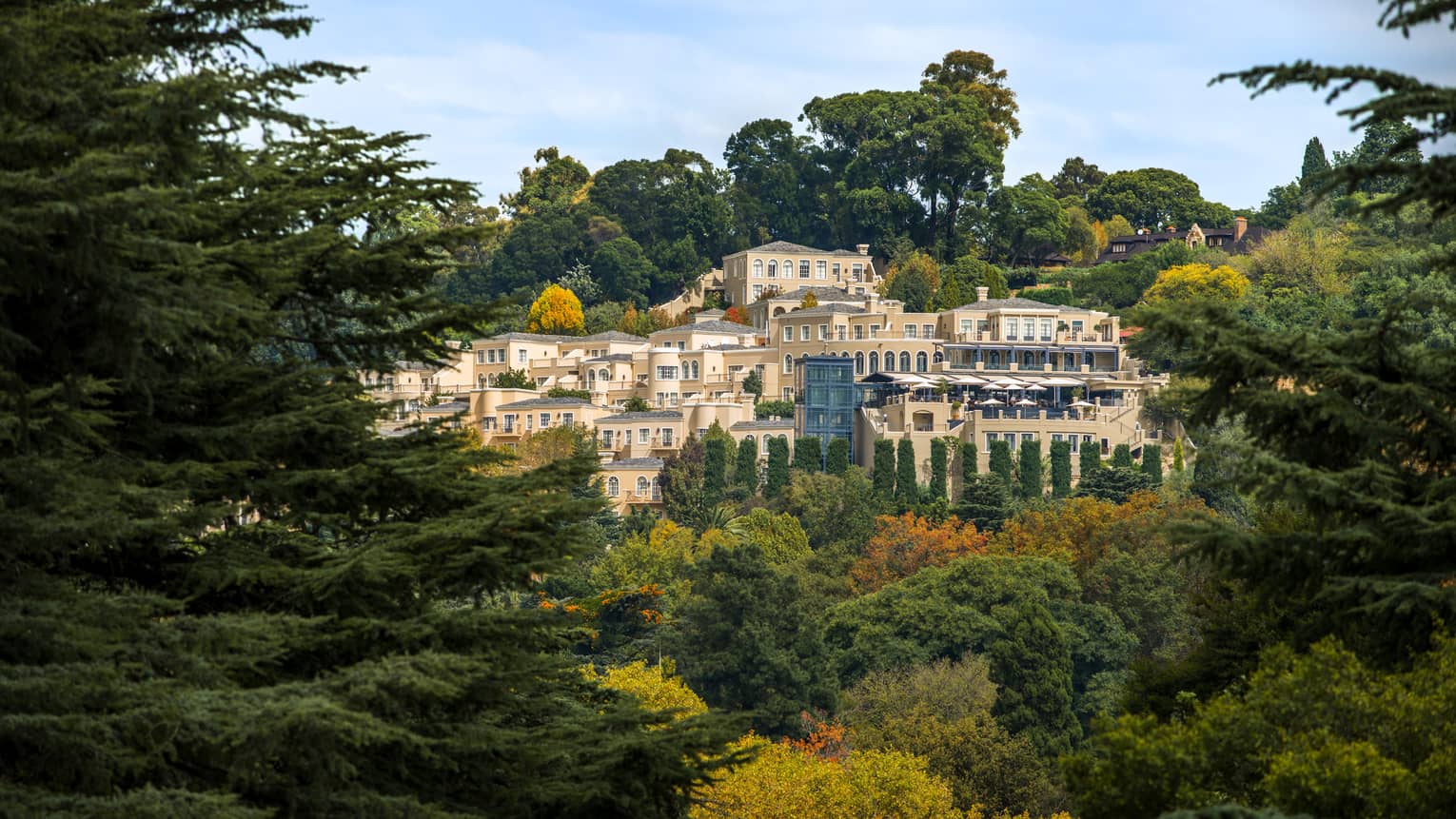 Looking over lush trees, mountain at Four Seasons Hotel The Westcliff, Johannesburg pink exterior