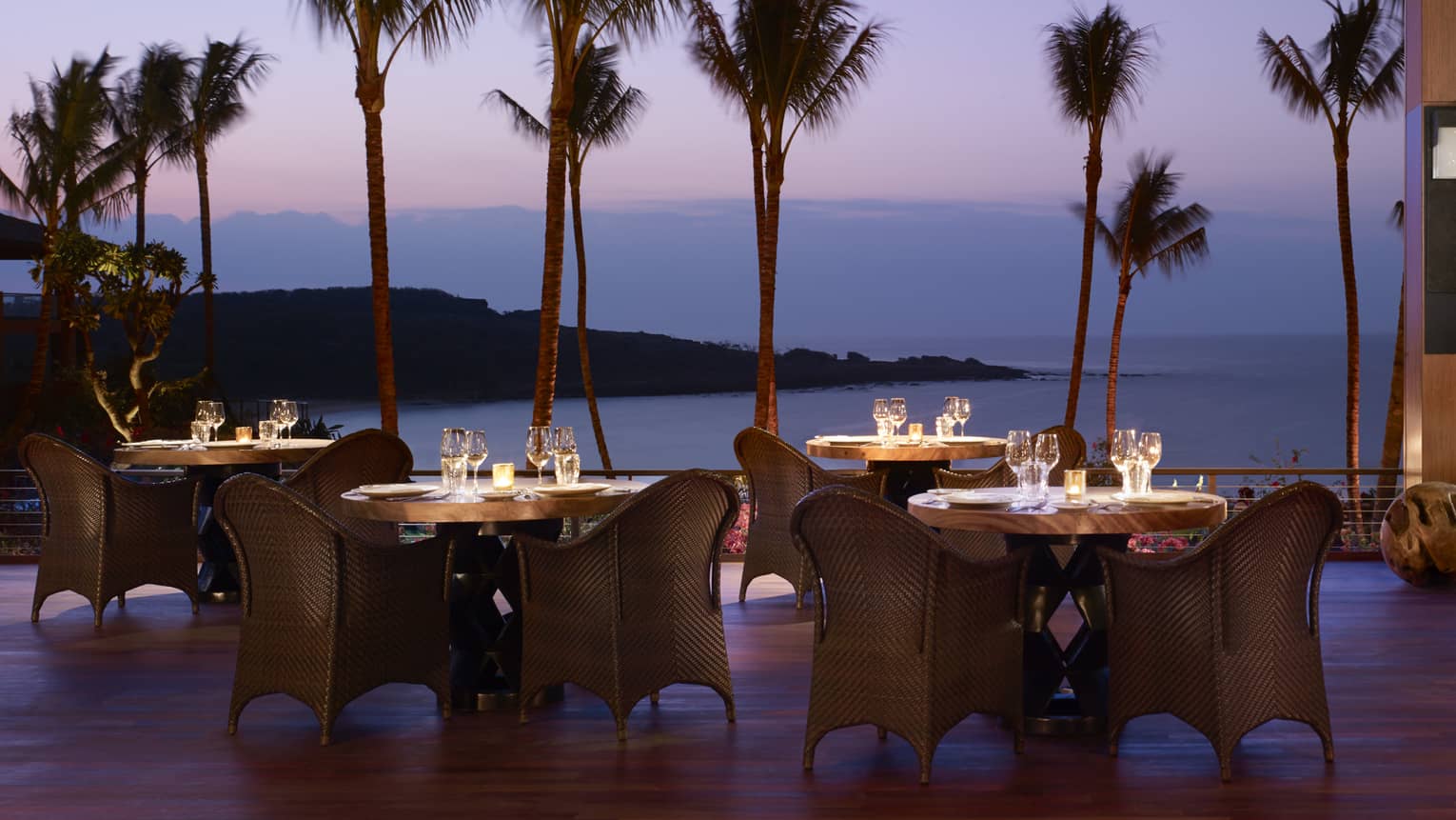 Open-air dining area at dusk