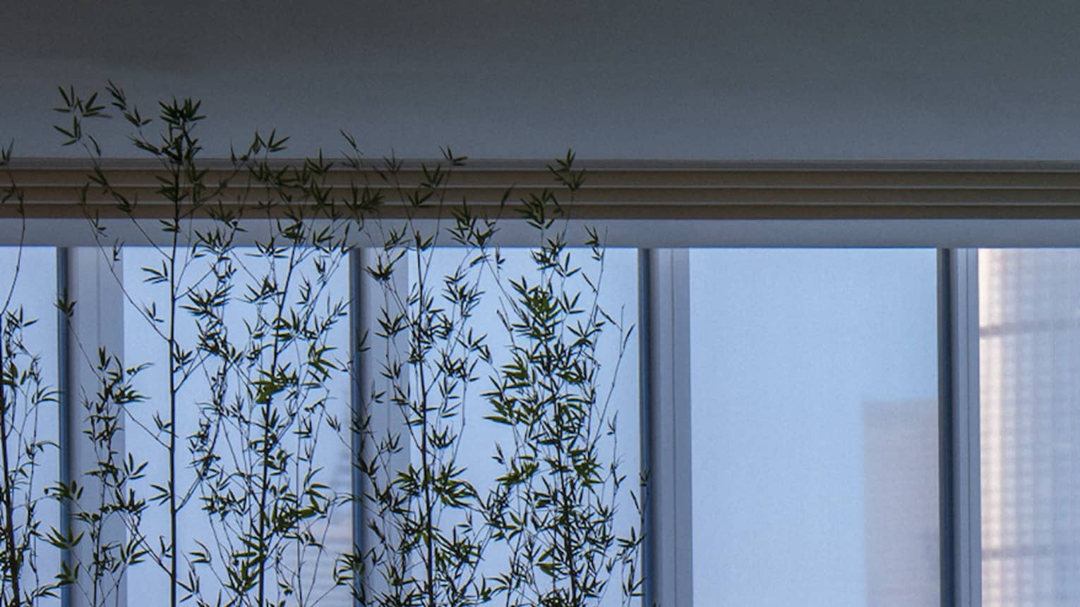 Silhouette of woman walking by blue indoor swimming pool, floor-to-ceiling window