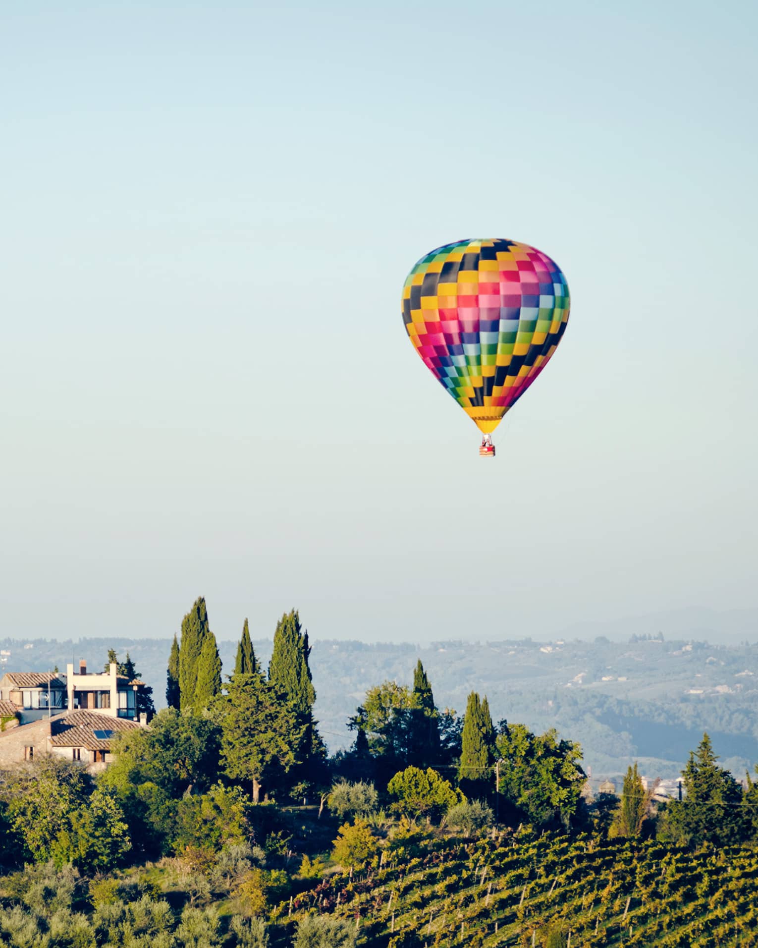 A colorful hot air balloon hovering over a vineyard in Florence