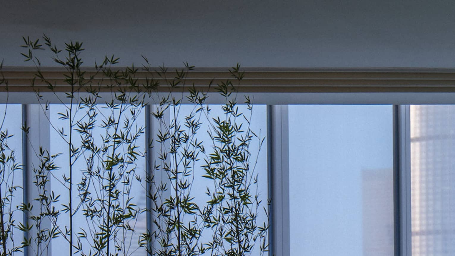 Silhouette of woman walking by blue indoor swimming pool, floor-to-ceiling window