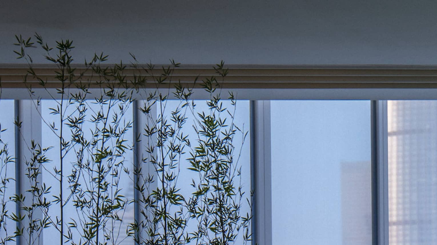 Silhouette of woman walking by blue indoor swimming pool, floor-to-ceiling window