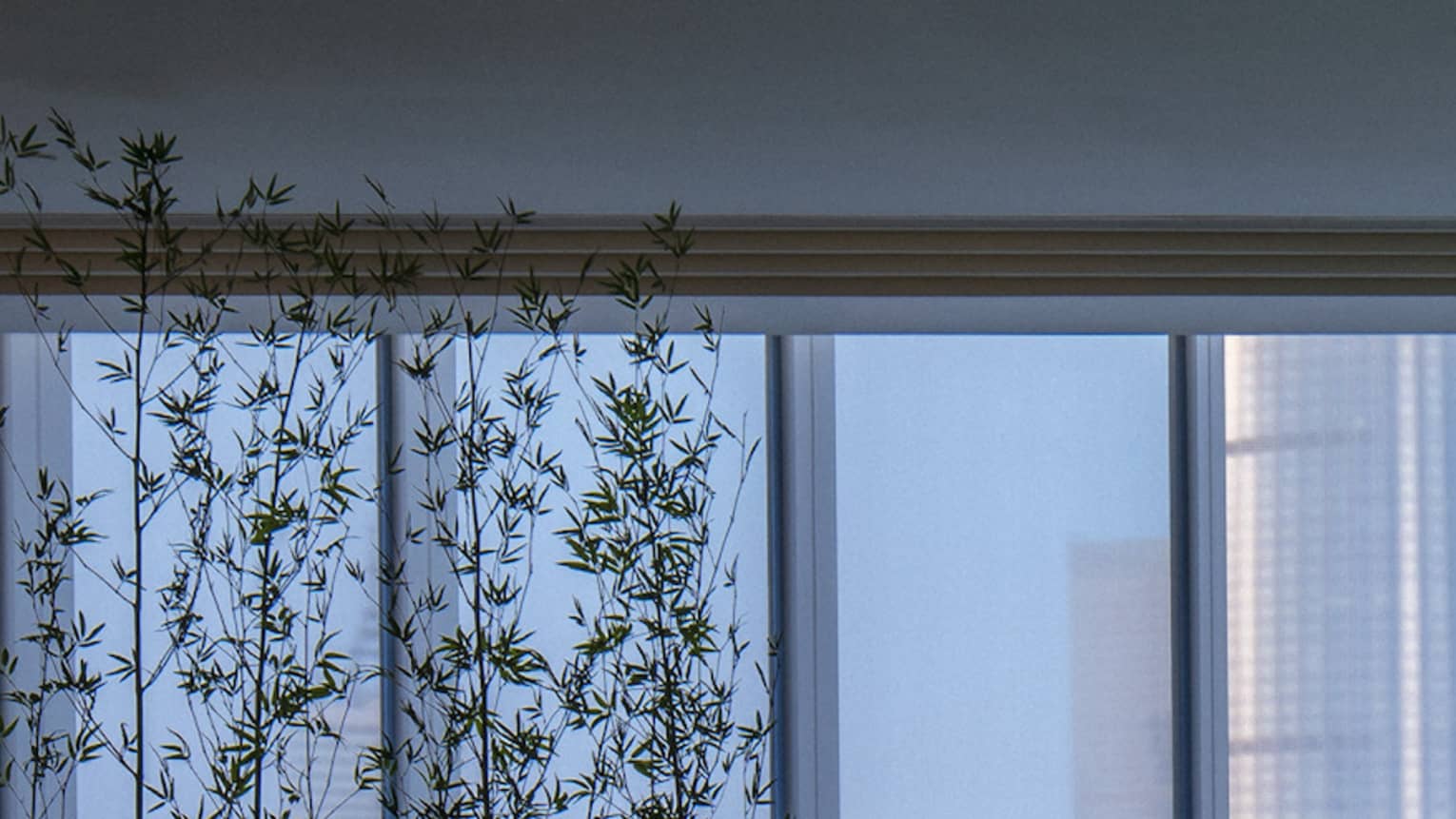 Silhouette of woman walking by blue indoor swimming pool, floor-to-ceiling window