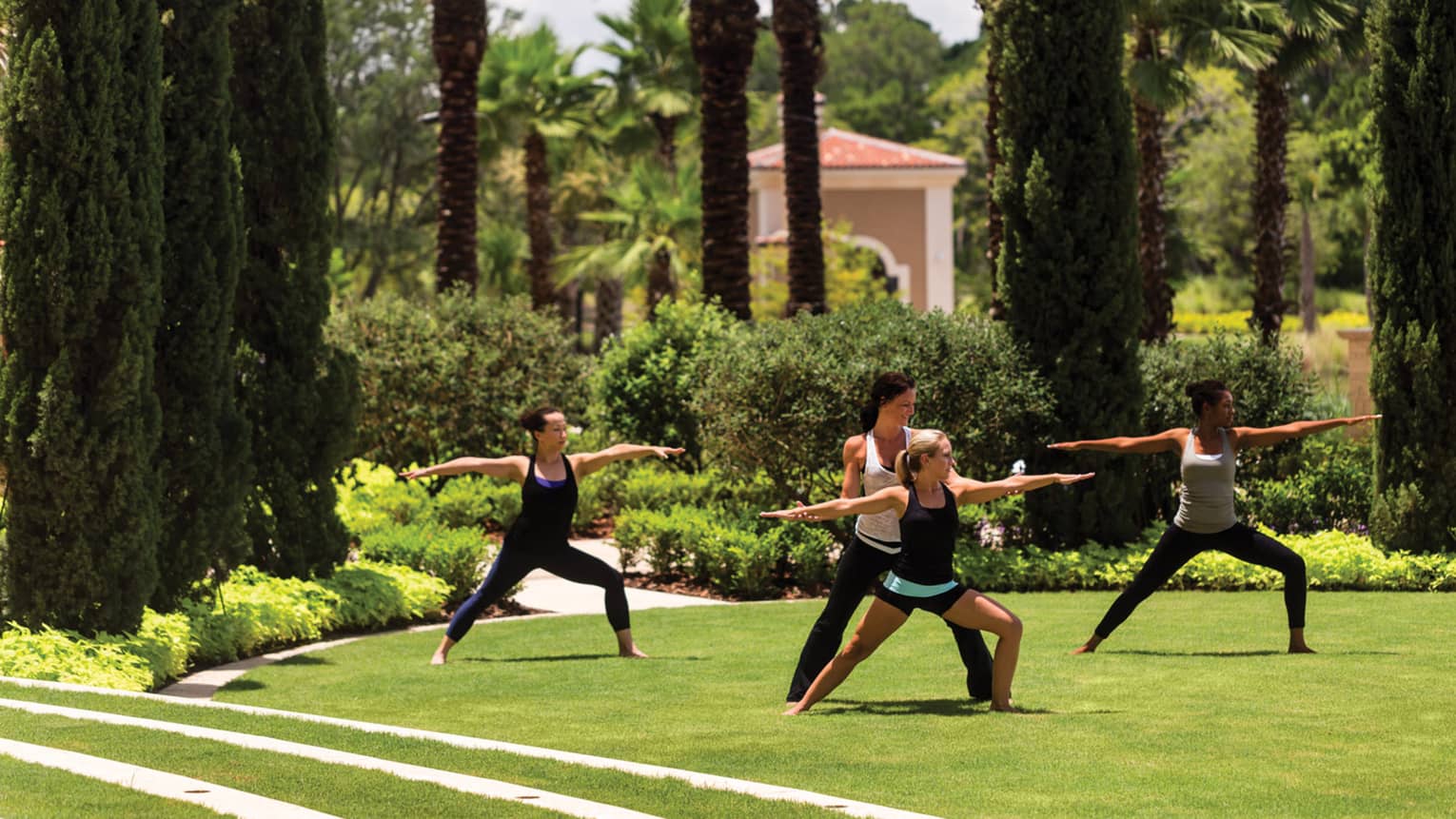Fitness class, group of people stand in yoga poses on lawn