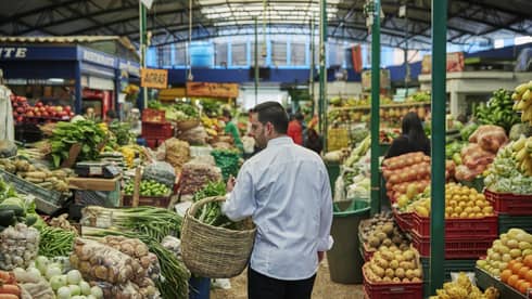 Chef holding large basket walks down aisle of large fruit market