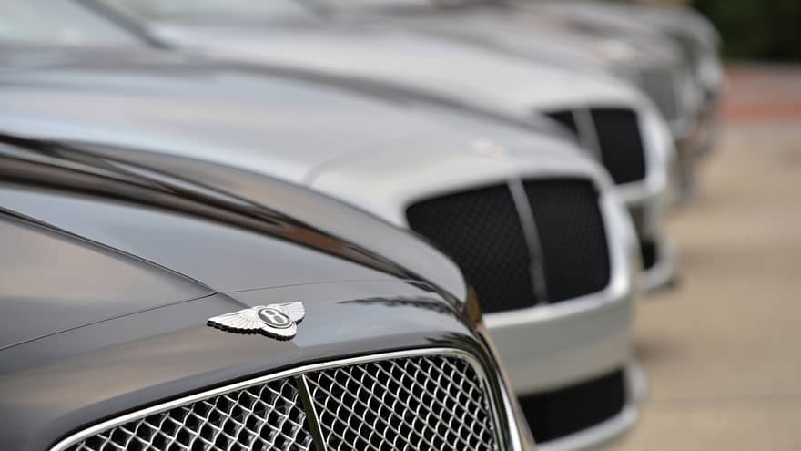 Close-up of hoods of luxury Bentley cars in a row
