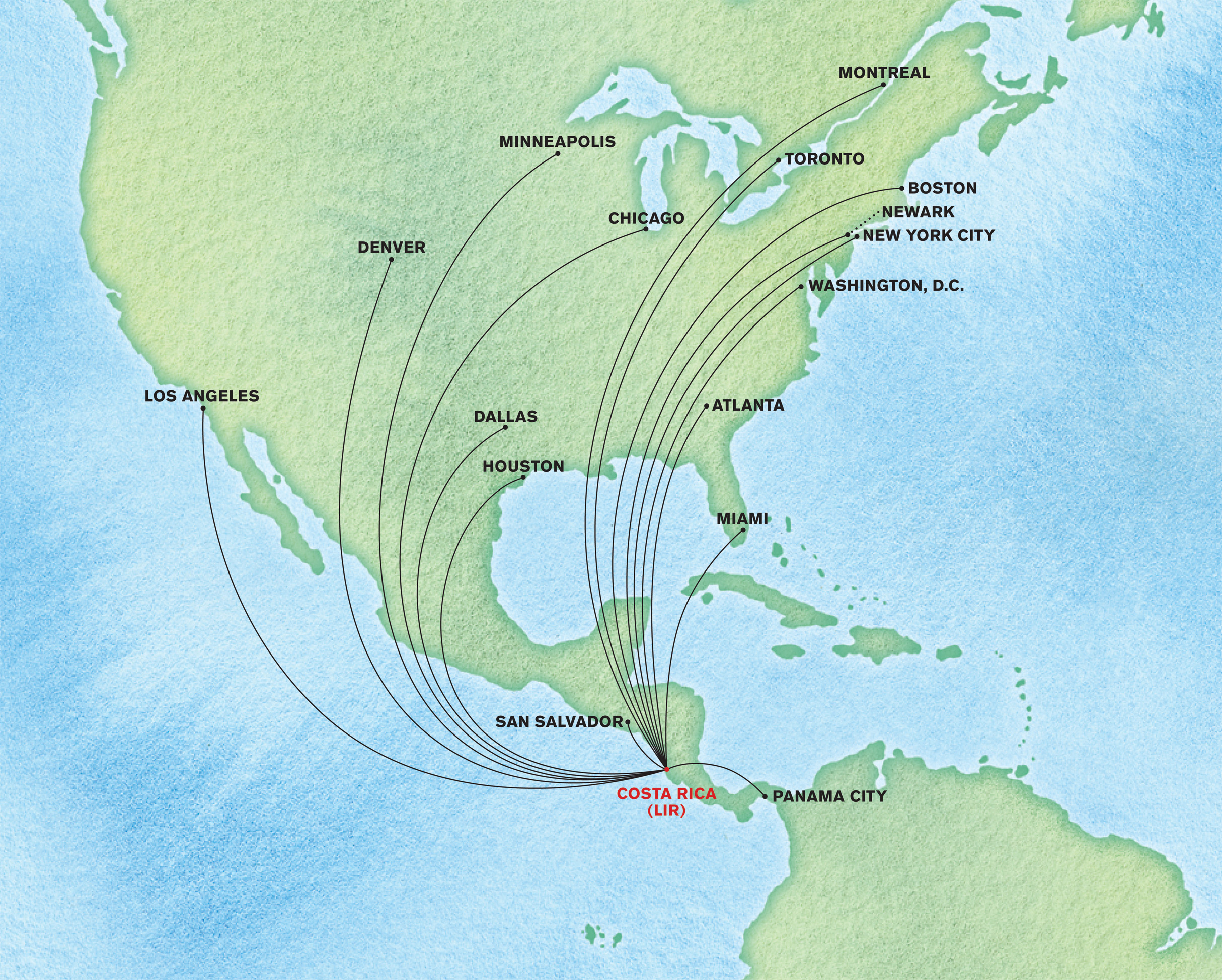 Map of Air Travel Flights to Costa Rica